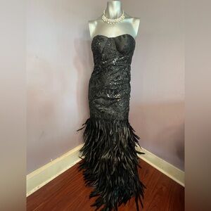 Fashion Nova Black Strapless Sequin & Feather Gown